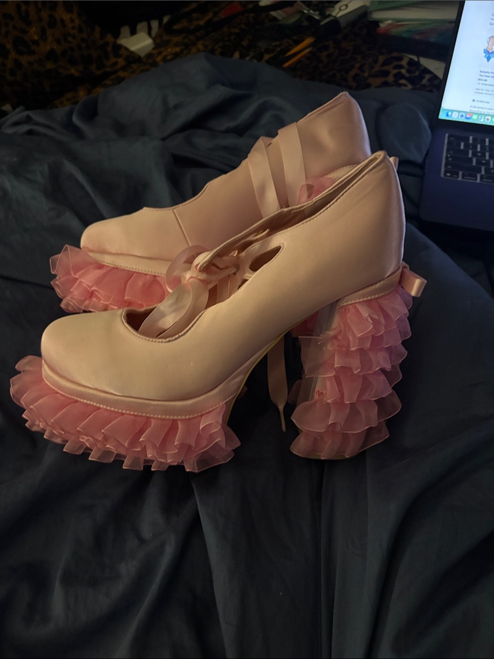 Ruffled Pink Satin Platform Heels with Ribbon Straps